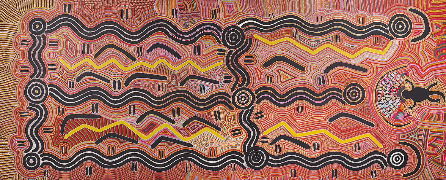 An Aboriginal painting with wavy black lines and circles on an intricate red and yellow background