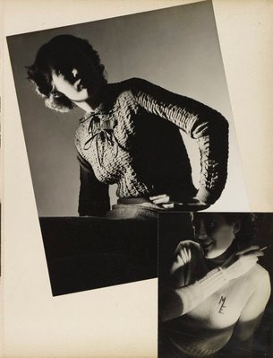 Alternate image of recto top: Untitled (woman seated with ruched sweater and ties)
recto bottom: Untitled (woman with cigarette and ‘ME’ on white sweater)
verso: Untitled (dining room with portrait of boy with crossed arms) by Max Dupain