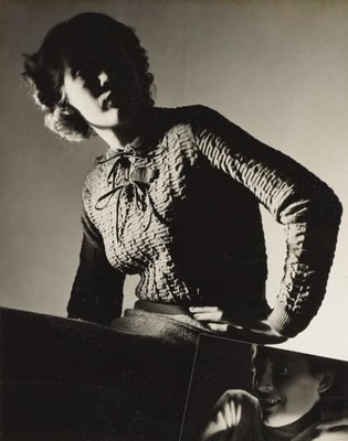 Alternate image of recto top: Untitled (woman seated with ruched sweater and ties)
recto bottom: Untitled (woman with cigarette and ‘ME’ on white sweater)
verso: Untitled (dining room with portrait of boy with crossed arms) by Max Dupain