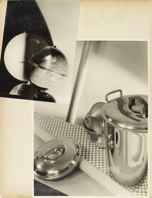 Alternate image of recto: Untitled (violinist and radiotron photo-montage)
verso top: Untitled (FISC world range globe)
verso botom: Untitled (pots) by Max Dupain
