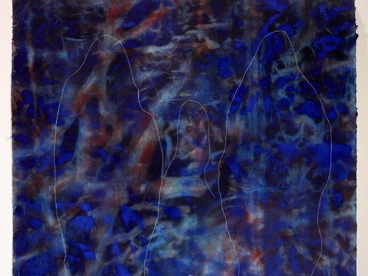 Alternate image of big blue world with three stupas by Judy Watson