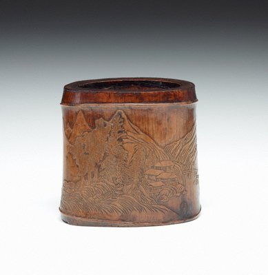 Alternate image of Bamboo brush pot decorated with landscape and pavilion in low relief by