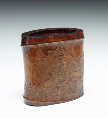 Alternate image of Bamboo brush pot decorated with landscape and pavilion in low relief by