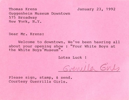 Alternate image of What's new and happening at the Guggenheim for the discriminating art lover? and Dear Mr. Krens postcard by Guerrilla Girls