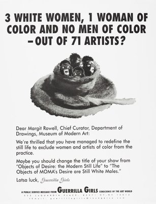 Alternate image of 3 white women, 1 woman of color and no men of color - out of 71 artists? by Guerrilla Girls