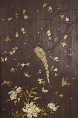 Alternate image of Folded wooden screen with inlaid decoration by Meiji export ware
