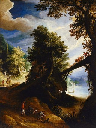 AGNSW collection Paul Bril A wooded landscape with a bridge and sportsmen at the edge of the river (1590s) 250.1998