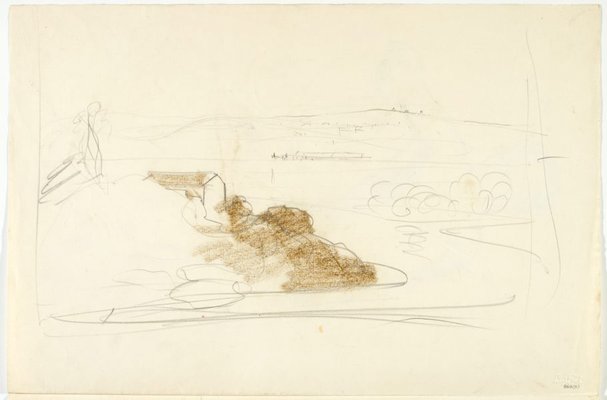 Alternate image of recto: Harbour landscape and Male nude, back view and Foot
verso: Head study, Leaning male nude; Hand and Male nude, back view by Lloyd Rees