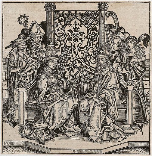 Pope Pius II and the Emperor Frederick III seated on one throne, (1493 ...