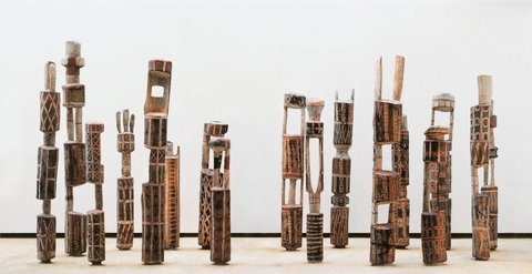 Tutini (Pukumani grave posts) by Laurie Nelson Mungatopi, Bob One Apuatimi, Jack Yarunga, Don Burakmadjua, Charlie Quiet Kwangdini, Unknown