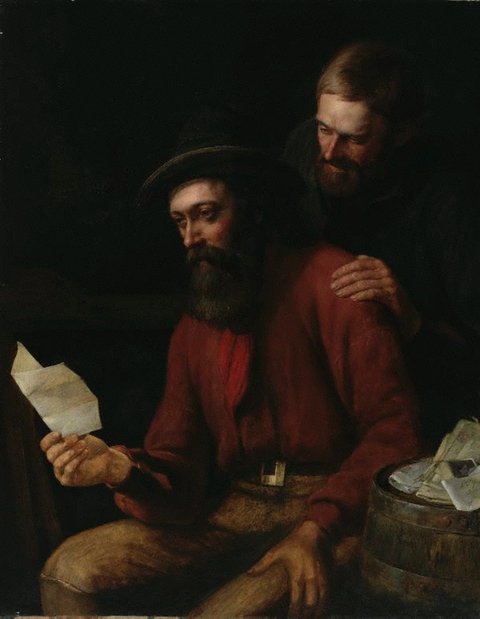 Gold diggers receiving a letter from home, circa 1860 by attrib. William Strutt