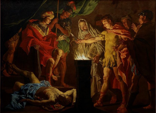 AGNSW collection Matthias Stomer Mucius Scaevola in the presence of Lars Porsenna (early 1640s) OO4.1970