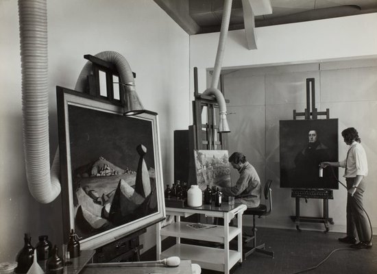 Alternate image of Historical interior view of a section of the conservation department for oil paintings at the Art Gallery of New South Wales by Max Dupain