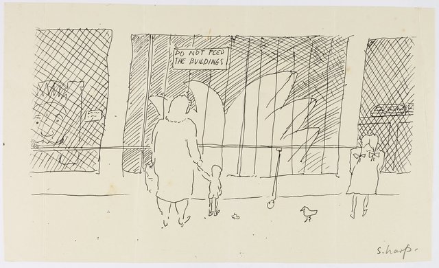 Martin Sharp *Do not feed the buildings*, date unknown, ink on paper, 13.9 x 23.5 cm, Peter Kingston Archive, National Art Archive, Art Gallery of New South Wales © estate of the artist, licensed by Viscopy, Sydney