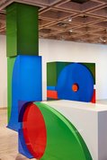 Emily Floyd *Kesh alphabet* 2017, aluminium, two part epoxy paint, steel fixtures, screen prints on paper (not shown), dimensions variable