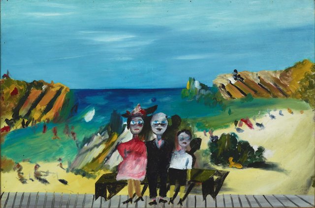 Sidney Nolan *Giggle Palace* 1945. On loan from the Nelson Meers Foundation
*Luna Park in Melbourne was part of my kitsch heaven as a boy. After I left the army, like a lot of others, I tried to recapture things, to see things again, to re-experience them.* - Sidney Nolan 1978
Nolan grew up in the Melbourne beachside suburb of St Kilda, a popular weekend destination with a Luna Park fairground, swimming baths and long promenade. In *Giggle Palace*, he invokes childhood memories of Luna Park, picturing himself with his parents in front of a painted beachside backdrop in a sideshow photographer's studio. Nolan drew on the ambiguity and visual pun of this 'painting within a painting' that too suggests the funfair's play on reality and illusion.
The work was painted at a time when Nolan was in hiding after having deserted the army, and his memories of childhood pleasures seemed to serve as a creative antidote to his present traumas. His Ripolin-enriched palette and faux-naive style imbue *Giggle Palace* with the dream-like quality of childhood visions.