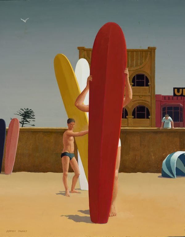 Jeffrey Smart *The surfers, Bondi* 1963 On loan from Jacobs Douwe Egberts (Au) Pty Ltd
Returning from his trip to Europe in 1950, Smart won the Commonwealth Jubilee Open Art Competition and moved to Sydney the following year. Here he became an art critic for the *Daily Telegraph* and a host on the popular children’s radio program *The Argonauts*. In the 12 years Smart lived in Sydney, he made a number of works about the city’s most famous beach, Bondi. In identifying his subject, Smart departed from his usual practice, in which his compositions were amalgams unconnected to a specific location.