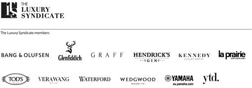 The Luxury Syndicate logo. The Luxury Syndicate members logos: Bang & Olufsen, Glenfiddich, Graff, Hendrick's Gin, Kennedy, La Prairie Switzerland, Tod's, Vera Wang, Waterford, Wedgwood, Yamaha, YTD