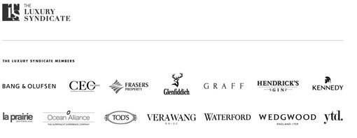 The Luxury Syndicate logo. The Luxury Syndicate members logos: Bang & Olufsen, CEO Magazine, Frasers Property, Glenfiddich, Graff, Hendrick's Gin, Kennedy, La Prairie Switzerland, Ocean Alliance, Tod's, Vera Wang, Waterford, Wedgwood, YTD