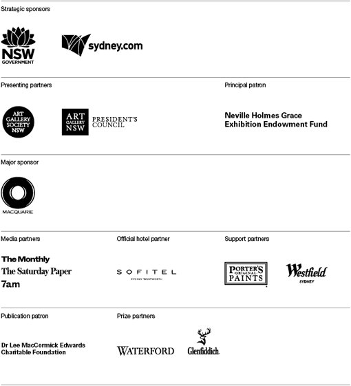 NSW Government, sydney.com, Art Gallery Society NSW, Art Gallery of NSW Presidents Council, Neville Holmes Grace Exhibition Endowment Fund, Macquarie, The Monthly The Saturday Paper 7am, Sofitel, Porter’s Original Paints. Westfield Sydney, Dr Lee MacCormick Edwards Charitable Foundation, Waterford, Glenfiddich