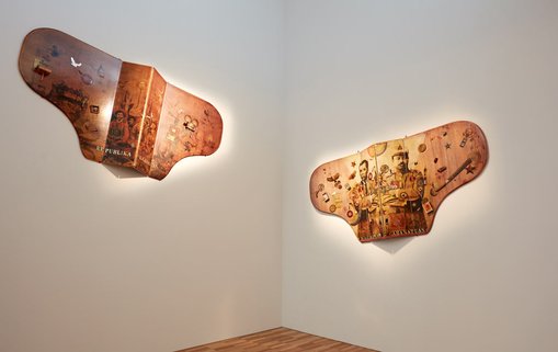 Alwin ReamilloPhilippines, b1964
Republika oligarkiya 2015articulated double piano lids, piano hinges, found objects, lacquer; collageCollection of Aga and Charlene Muhlach
Maragondon 1897, Cabanatuan 1899 2016articulated double piano lids, piano hinges, found objects, lacquer; collageCollection of Serafin Tancuan Pua