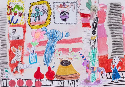 WinnerCoco Flannery age 6Art Gallery of Bunniespencil, crayon, chalk, texture, black marker
This is a room under my bed and it is full of bunnies. I wake up and I draw bunnies or flowers or unicorns every day, and I put them in my special room. It’s like an Art Gallery of Bunnies. I cuddle my rabbits in bed. Cucumber has pointy ears and Zucchini has small ears that are all floppy. If they fall out of bed at night, I know where to find them.