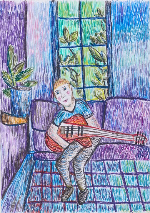 Winner Harvey Heazlewood age 9Purple Hazecolour pencil
Me playing “Purple Haze” by Jimi Hendrix on my electric guitar in the playroom. Inspired by John Russell